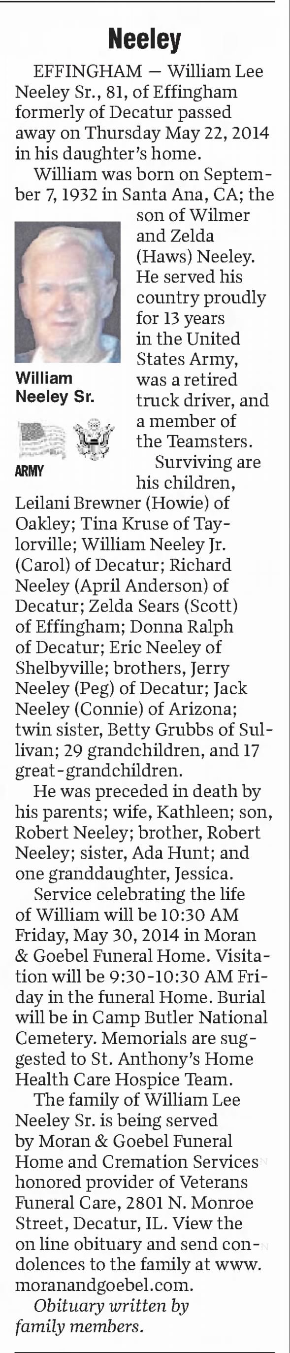 Obituary for William Lee Neeley, 1932-2014 (Aged 81)